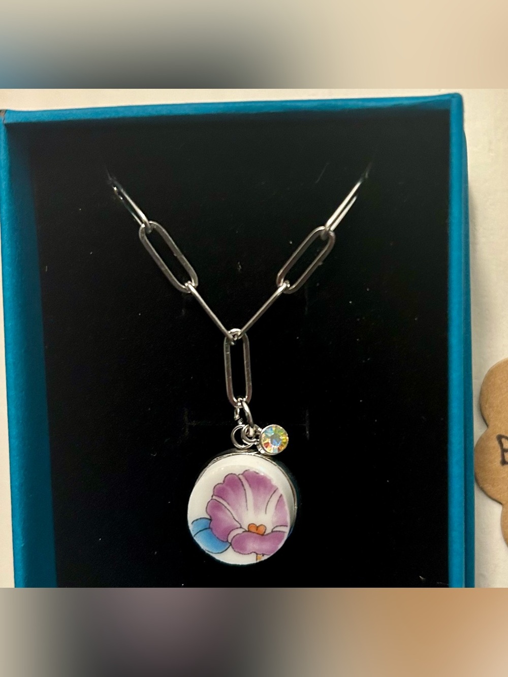 Broken China Silver Necklace with Purple Floral Pendant